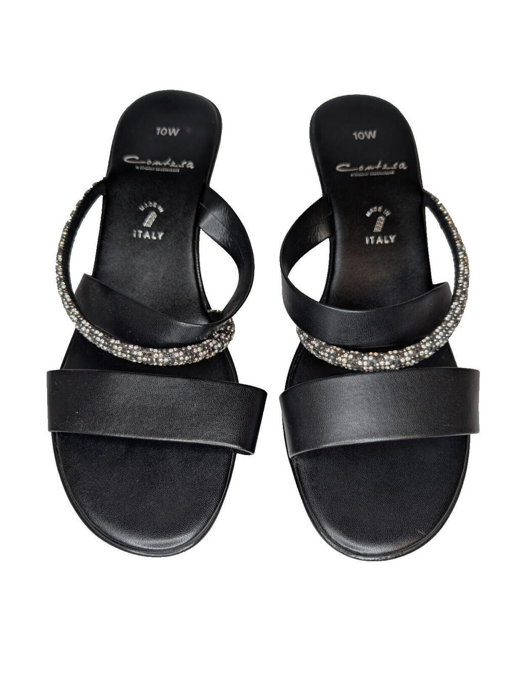 Contesa Italian Shoemakers Black Wedge Sandals Shiny Silver Strap 10W NWOT